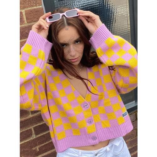 Tossy Womens Single Breasted Long Sleeves Plaid Print Knitted Cardigan Casual Loose Sweater Autumn Winter Chic Outwear Y2K 2021