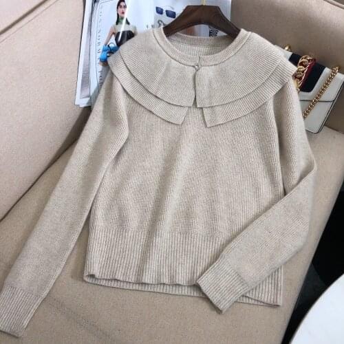 New Ladies Fashion 2021 Long Sleeve Sexy Casual Solid Color Round Neck Diamond Stitching Ruffle Wool Sweater 1205