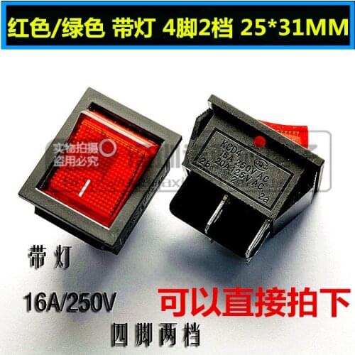 10pcs/lot Red green with light KCD4-201 4P ship type switch 4 feet 2 files 16A 250V 25*31MM