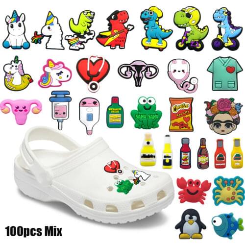 100PCS Animals Dog Cat Fish PVC Shoe Charms Fruit Avocado Shoes Accessories Ornaments Lipstick High Heels Decorations Kids Gift