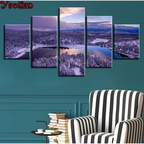 5 Pieces Forest River Snow Landscape diamond painting kits,diamond embroidery full square round drill mosaic diamond picture