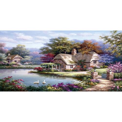 Abstract House Garden Flowers Trees Lake Oil Painting Printed On Canvas Nordic Wall Art Poster And Prints For Living Room Decor