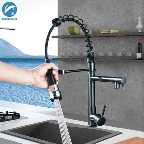 Black Spring Kitchen Faucet Pull out Side Sprayer Chrome Dual Spout Single Handle Mixer Tap 360 Rotation Kitchen Faucets