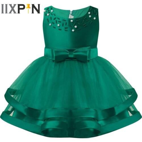 Infant Baby Girl Dress for Theme Party Christmas Costume Sheer Color Beads Faux Pearls Sleeveless Princess Mesh Tutu Dresses