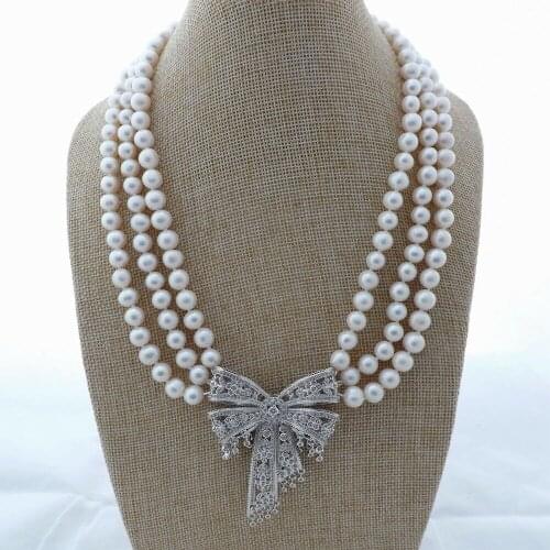 Beautiful 19''-21'' 3 Rows White Freshwater Pearl Necklace Zircon pave Pendant