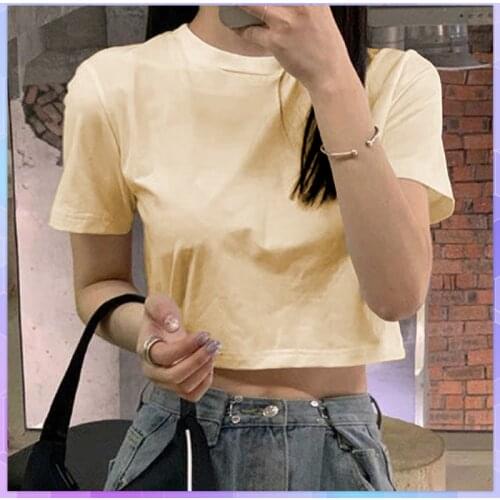 Oversized T-shirt Womens Crop Top Solid V-neck Tee Shirt Short-sleeve T-shirts for Women 2021 White Tops Female Tshirt