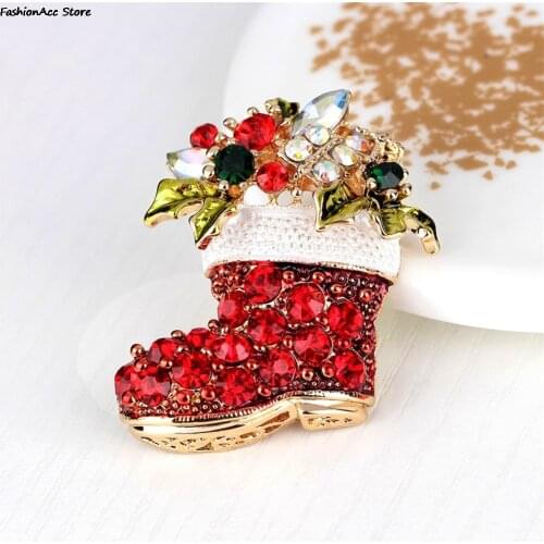 KvJJL 1Pc Christmas Santa Claus Boot Brooch Red Shoe Lucky Pin Zinc Alloy Rhinestone Festival Party Kids Women Sweet Gift New