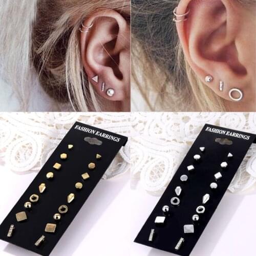 FNIO Minimalist Mixed Crystal Earrings Set For Women Gold Silver Color Simple Small Geometric Stud Earrings Girl Party Wholesale