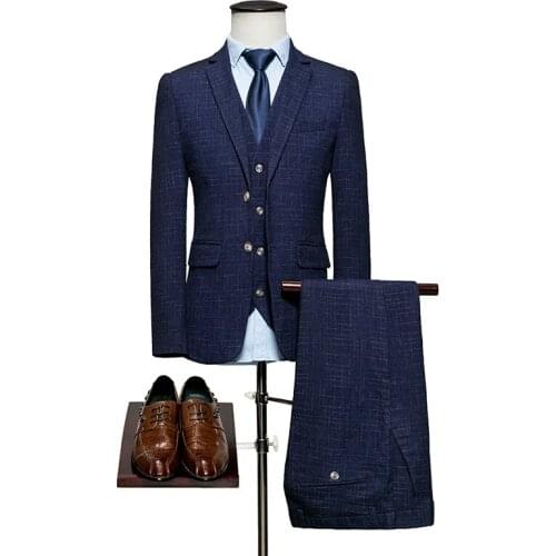 Man Clothing 3pcs (Jacket+Vest+Pants) Sets Plaid Wedding Business Slim Solid Dress Smart Casual Men Suits M-5XL 6XL #588