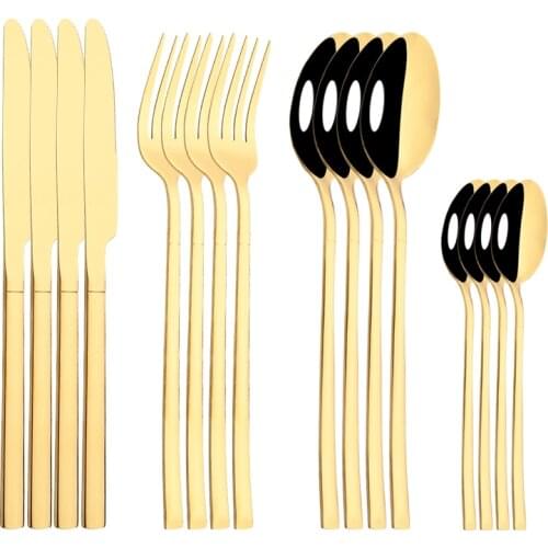 16Pcs Black Gold Cutlery Set Stainless Steel Dinnerware Knife Fork Spoon Dinner Tableware Party Kitchen Flatware Silverware Set