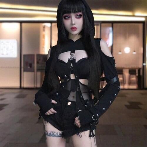 New Women T-Shirt Sexy Hollow Out Pullover with Decorative Strap Black Solid Long Sleeve Hooded Crop Tops Autumn Women Clothing