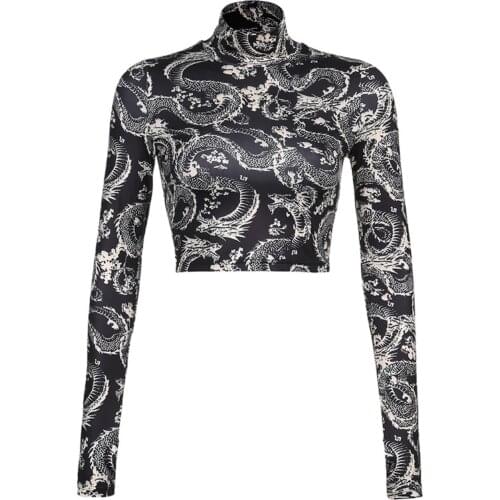 Long Sleeve Dragon Print High Collar Turtleneck Chic Women Short Slim Vintage Design Fashion Tops Crop Woman Top Wholesale New