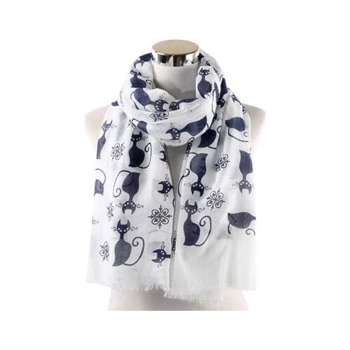 OLOME 2019 Fashion Cartoon Cat Scarf White Women Moon Animal Print Scarves Stoles Female Ladies Hijab Foulard