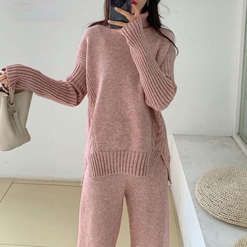 Fall Winter Thicken Warm Ladies 2 Piece Set Turtleneck Pullovers & Lace-up Wide Leg Pants Women Sweater Sets 2021 Ensemble Femme