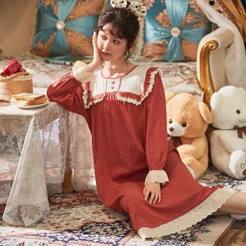 Autumn Lace Princess Nightdress Long-sleeve Nightgown Cotton Casual Tracksuit Pijamas Mujer Plus Size 5XL Skirt Girls Sleepwear