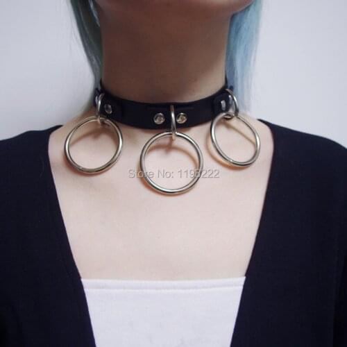 Punk Amo Heavy Duty 3 O Round Metal Circle Necklace Real Leather Vinyl Choker Collar Chaplet