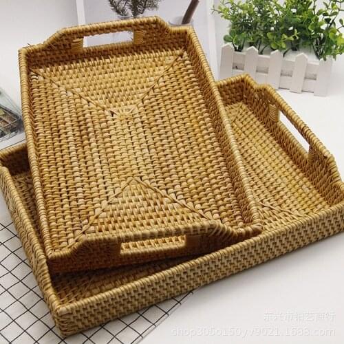 Hand-woven Wicker Basket Food Tray Rattan Fruit Hand-braid Rectangular Eco-friendly Vegetable Kitchen Woven Storage