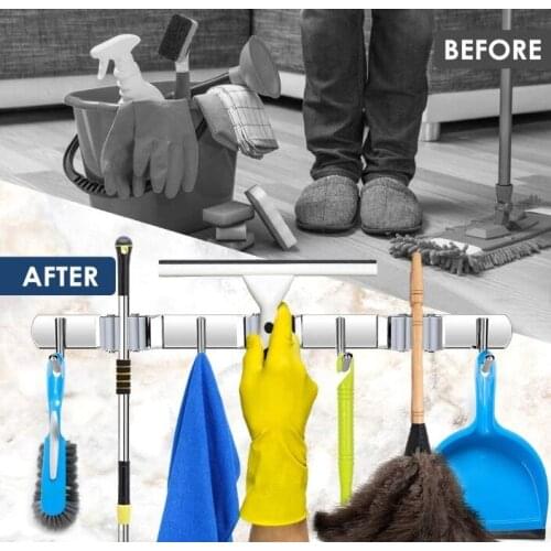 Dropshipping Mur Mop Monté Et Broom Holder Acier Inoxydable À 3 Pinces Et 4 Crochets Pour Cuisine Salle De Bains Jardin HWC
