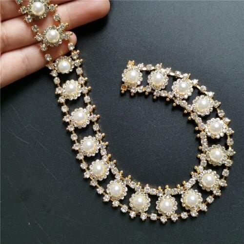 Gold Pearl Diamond Strap Rhinestones Trim Ribbon Blinking Crystal Metal Chain For Dress Bag Shoes Accessories 0.79" Width