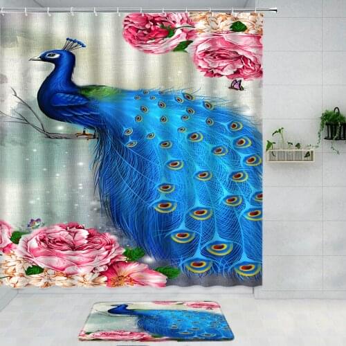 Aesthetic Blue Peacock Luxury Bathroom Curtain Animal Shower Curtain Set Bath Mats Rug Curtains For Kitchen Room Art Decor Wall