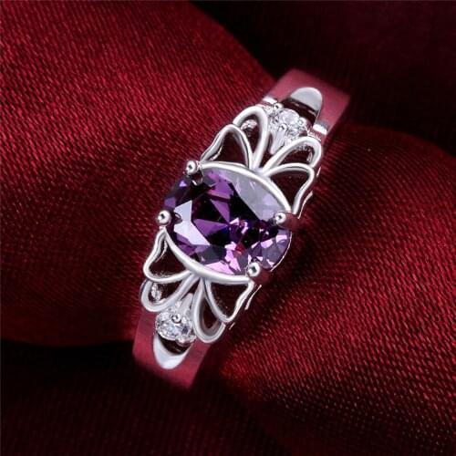 Silver Color Bow Crystal Hollow Wedding Rings for Women Purple Stone Wholesale Drop Shipping Best Selling