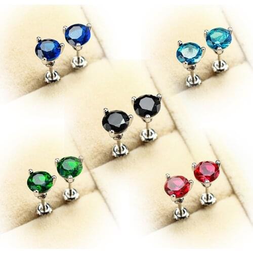 Dainty Female Male 6MM Small Round Earrings White Gold Black Blue Green Red Stone Crystal Wedding Stud Earrings For Women