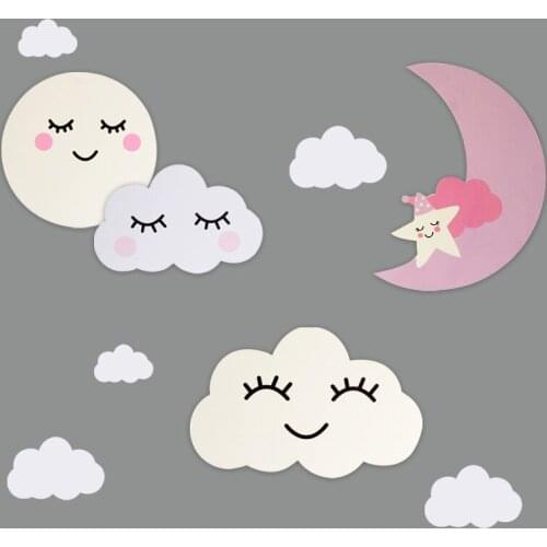 Scandinavian Wooden Wall Sticker Children Kids Bedroom Living Room Decoration Cute Moon Cloud Wall Decal Nursery Home Decor