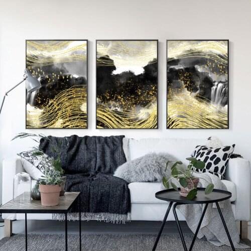Modern Abstract Golden Bird Frameless Picture Chinese Golden Line Zen Black and White Landscape Decorative Painting Hanging Art