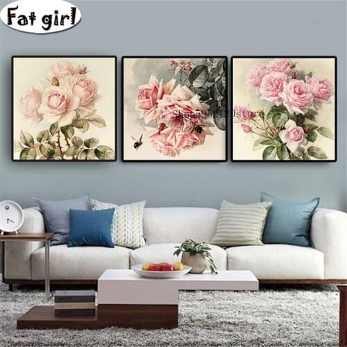 Triptych Diy Rose Flower And Pink Peony 5D Cross Stitch Kits Diamond Painting Embroidery Square Round Drill Mosaic Art Decor