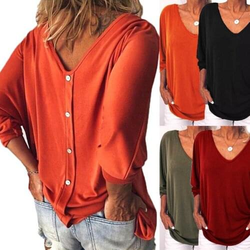 2019 Newest Hot Women V Neck Back Button Solid T-Shirts Ladies Back Buttons Long Sleeve Loose Plus Size T-Shirt Tops