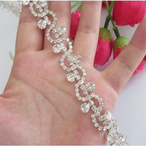 1 yard Rhinestone Crystal Chain Trim Ribbon Sparkle Diamante Silver Applique Bridal Sash Sewing on Wedding Dress Decoration