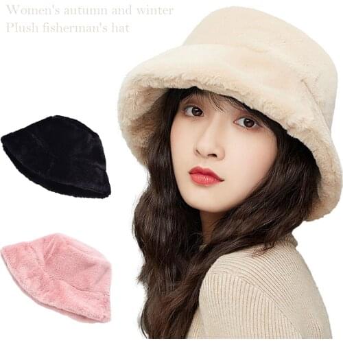 Women Winter Fluffy Plush Bucket Hat Ladies Fashion Solid Warm Faux Fur Thickened Soft Warm Fisherman Cap