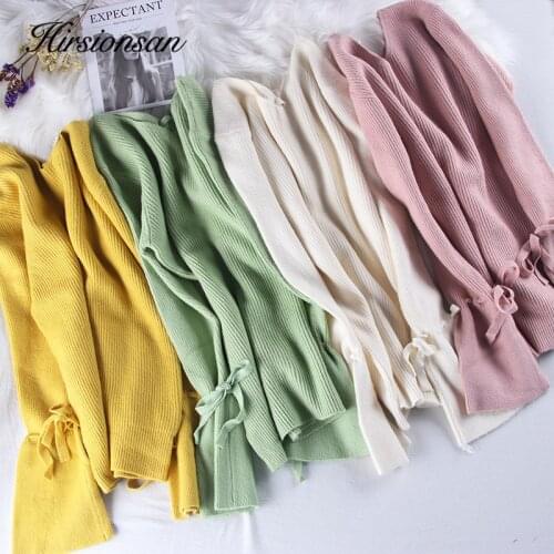 Hirsionsan Bow Tie Up Lace Flare Sleeve Sweater Women Simple V Neck Pullover Female Autumn Knit Loose Stripe All-match Clothes