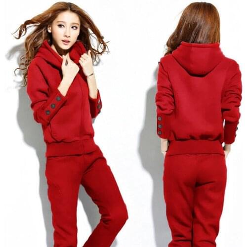 2 Piece Set Suit Women Casual Tracksuit Pullover Trousers Red Thick Sport Top+Pants Suit Clothes Full Breathable Cheap Clothes