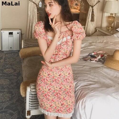 Summer Elegant Floral Print Dress Women Casual Sweet Lace Up Korean Sexy Mini Dress 2021 Puff Sleeve High Waist Slimming Dress