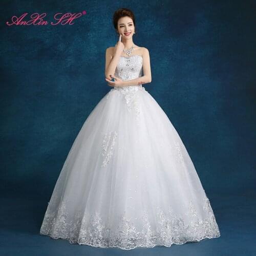 AnXin SH princess strapless sleeveless beading crystal ball gown party lace up vintage bride white flower lace wedding dress