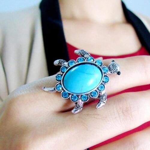 Women Vintage Turtle Shape Faux Inlaid Adjustable Finger Ring Jewelry