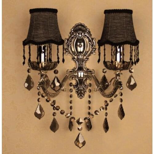 2 Arms Showcase Rustic Black Wall Lamps Dining Room Smoke Crystal Lighting Retro Silver Wall Light Arandela E14 Led Fixture