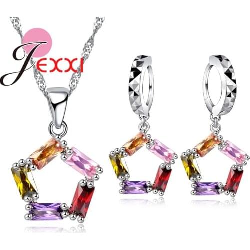 Top Quality Beautifull Crystal Pentagon Star Chain Necklace & Earrings 925 Sterling Silver Jewelry Sets Womens Gift