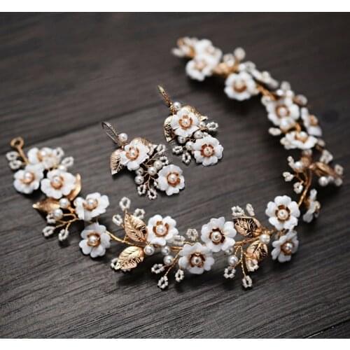 Handmade Floral Bridal Hair Wreath Accessories Gold Leaf Wedding Headband Tiara with Earrings Vintage Women Headpiece