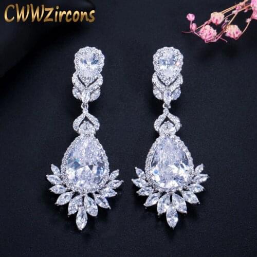CWWZircons Elegent Evening Dinner Party Wedding Jewelry Luxury Long CZ Crystal Big Drop Dangle Earrings for Brides CZ055
