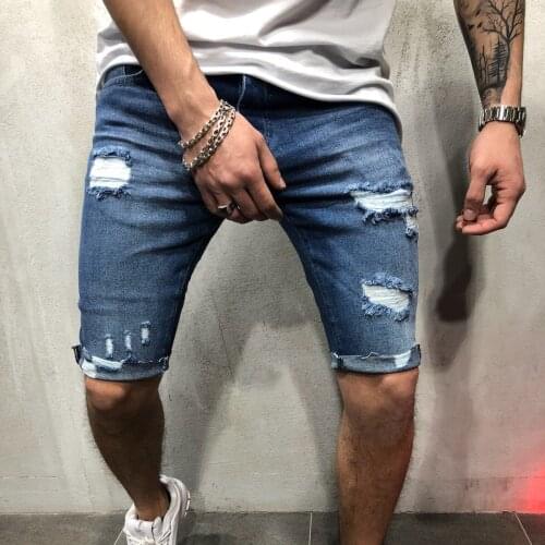 New Summer Denim Shorts Men Cotton Solid Straight Male Blue Short hole Frayed knee length Jeans
