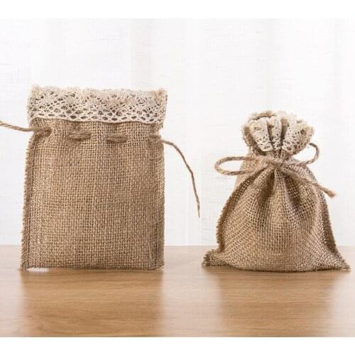2 Pcs Jute 10 x 15cm Gift Bag Nylon Canvas Drawstring Lace Bag for DIY Sundry Craft Gift Candy Bag Wedding Party Decor Bag