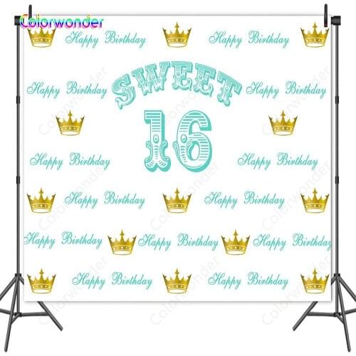 Colorwonder Sweet Sixteen Birthday Party Theme Photo Background Green Words with Golden Crown 5x7ft Seamless White Backdrop