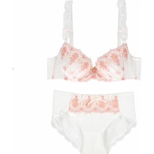 Beautiful Flower Embroidery Lace Japanese Bra & Panties Set Underwire Push Up Soft Underwear Intimates Set Kawaii Lolita