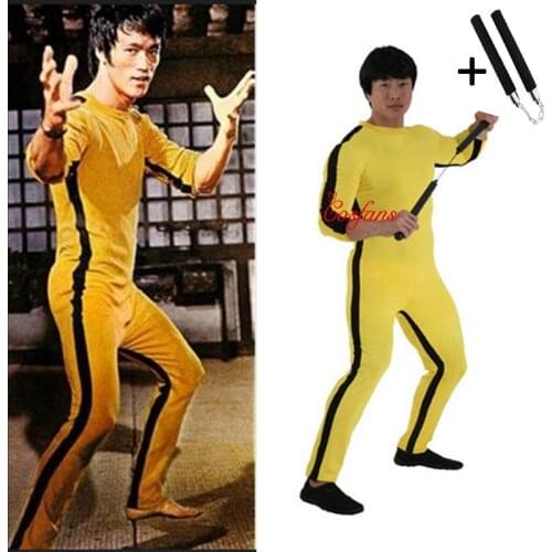Unisex Adult Kids Bruce Lee Cosplay Jeet Kune Do Chinese Kung Fu Jumpsuit Cosplay Costume Zentai Suit and nunchaku Game of Death