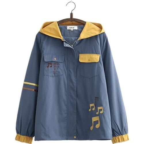 Women Hooded Jackets Cartoon Embroidery Long Sleeve Zipper Coats 2021 Autumn Sweet Style Cotton Casual Harakuju Coats Outwears