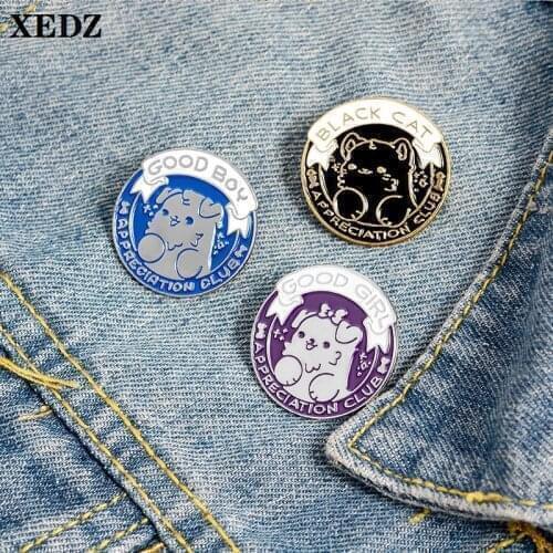 Appreciation club metal badge good boy and girl black cat funny cute animal enamel pin punk lapel brooch jewelry gift for friend