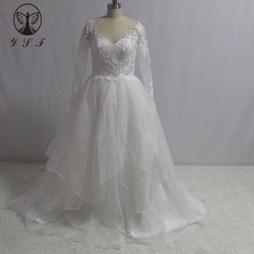 Fashion Robe De Mariee V Neck Appliqued Lace Full Sleeve Tiered A Line Wedding Dresses 2017