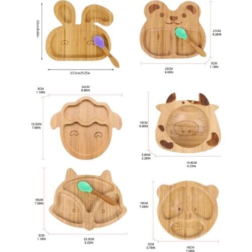 T5EC Baby Natural Bamboo Bowl Spoon Set Cartoon Animal Divided Dinner Plate Infants Learning Feeding Dish